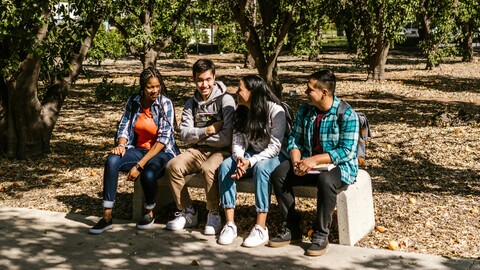 Estudiants asseguts a un banc, xerrant